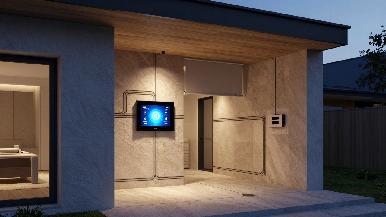 Luxuriöses Einfamilienhaus mit verstecktem KNX-System und automatisierten Rollläden bei Dämmerung.