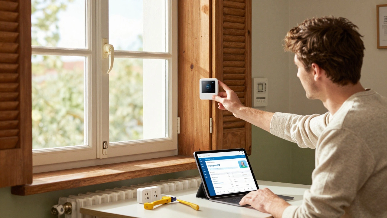 Mieter installiert drahtlose Smart-Home-Geräte ohne Bohren in einem österreichischen Apartment.