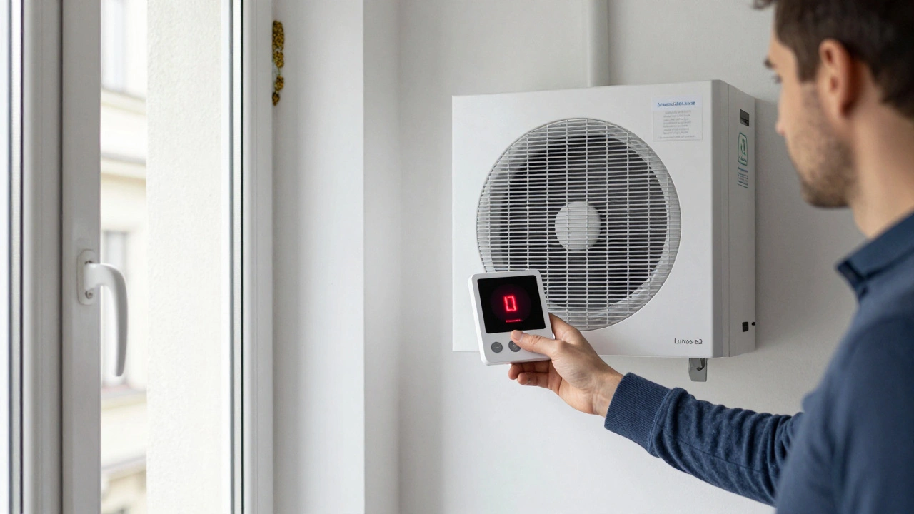 Mieter mit Smart-Climate-Monitor vor einem fenster mit Schimmel am Rahmen, während eine Lüftungsanlage an der Wand läuft.