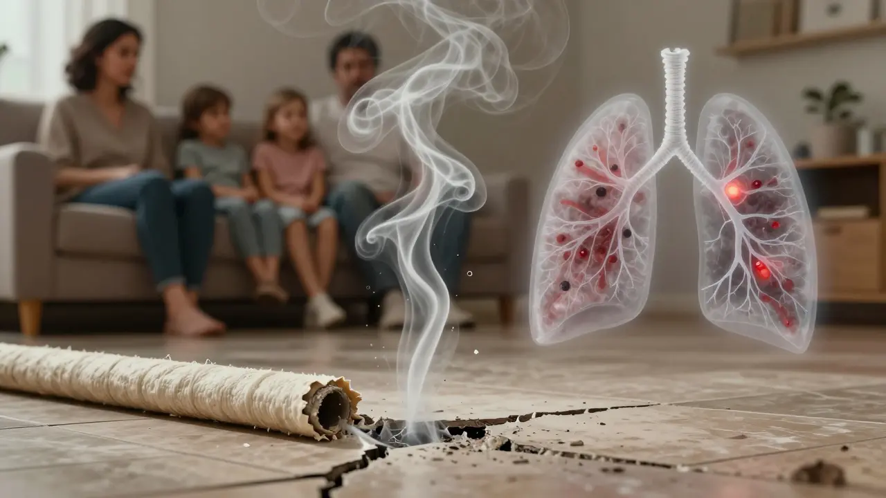 Mikroskopisch feine Asbestfasern schweben in der Luft eines Wohnzimmers, während eine Familie unbemerkt sitzt.