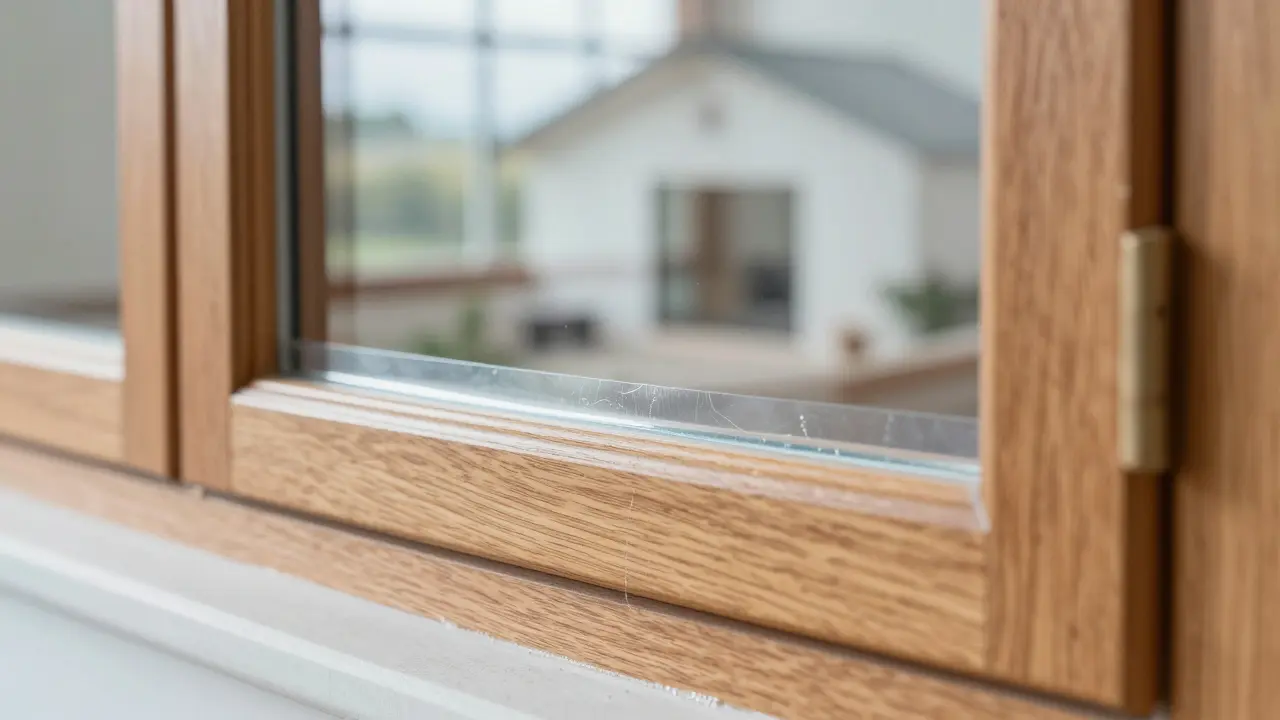 Nanogel-Isolierung auf einem historischen Holzfenster, unsichtbar und erhaltend, mit moderner Innenraumreflexion.