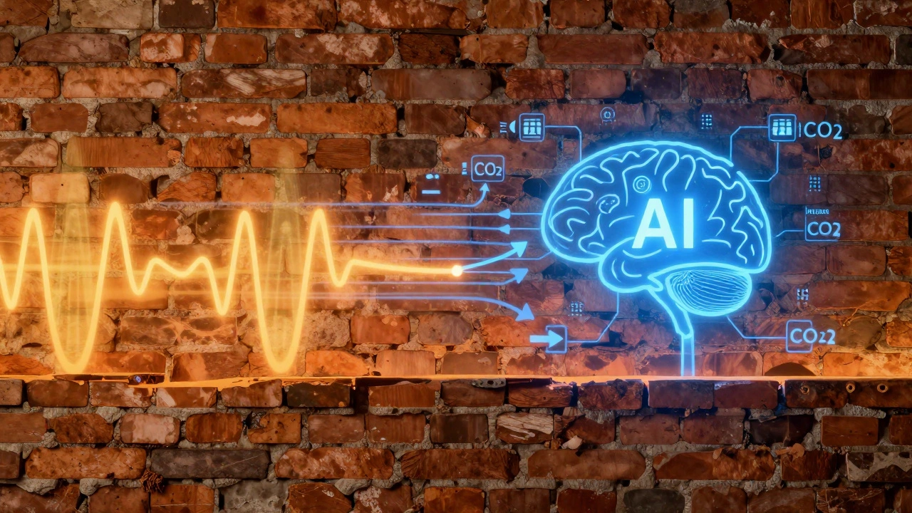 Querschnitt durch eine alte Mauer, die Wärme langsam leitet, unterstützt von digitalen Sensordatenströmen.