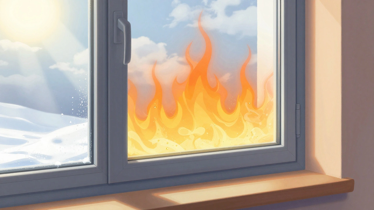 Querschnitt eines modernen Dreifachverglasungsfensters mit Kondensation nur an der Außenseite, symbolisierend hohe Isolierleistung.