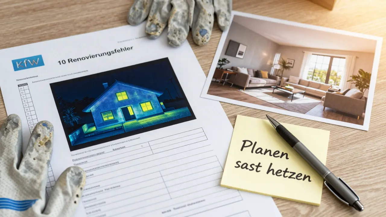 Schreibtisch mit Sanierungsunterlagen, Wärmebild und Foto eines gesunden Zuhause — Symbol für geplante Renovierung.