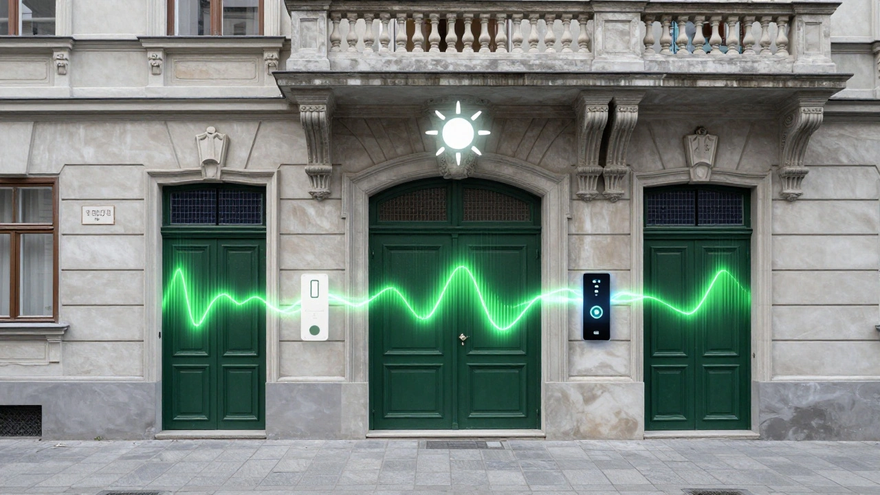 Smart-Home-System verbindet automatische Türen mit Heizung und Solaranlage in einem alten Wohnhaus.