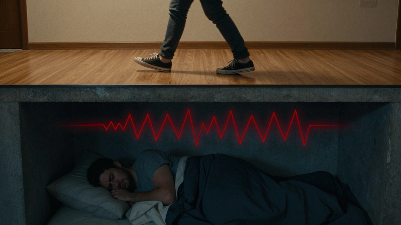 Sound waves penetrating a ceiling, disturbing a resident below while someone walks on hard flooring above.