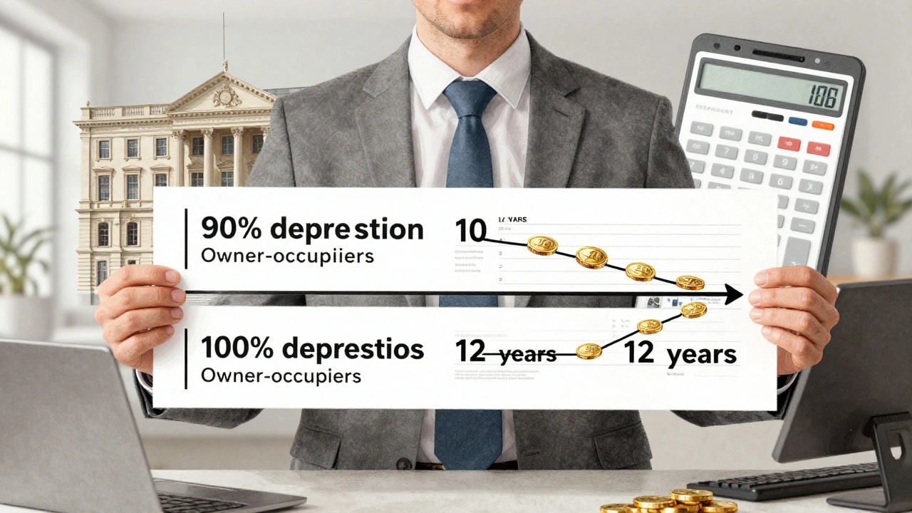 Steuerberater zeigt parallel laufende Abschreibungsmodelle für Eigen- und Miethäuser in einer Grafik.