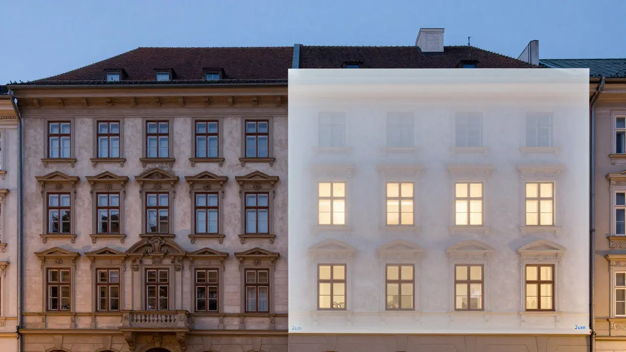 Vergleich einer historischen Fassade mit unsichtbarer Aerogel-Dämmung in transparenter Überlagerung.