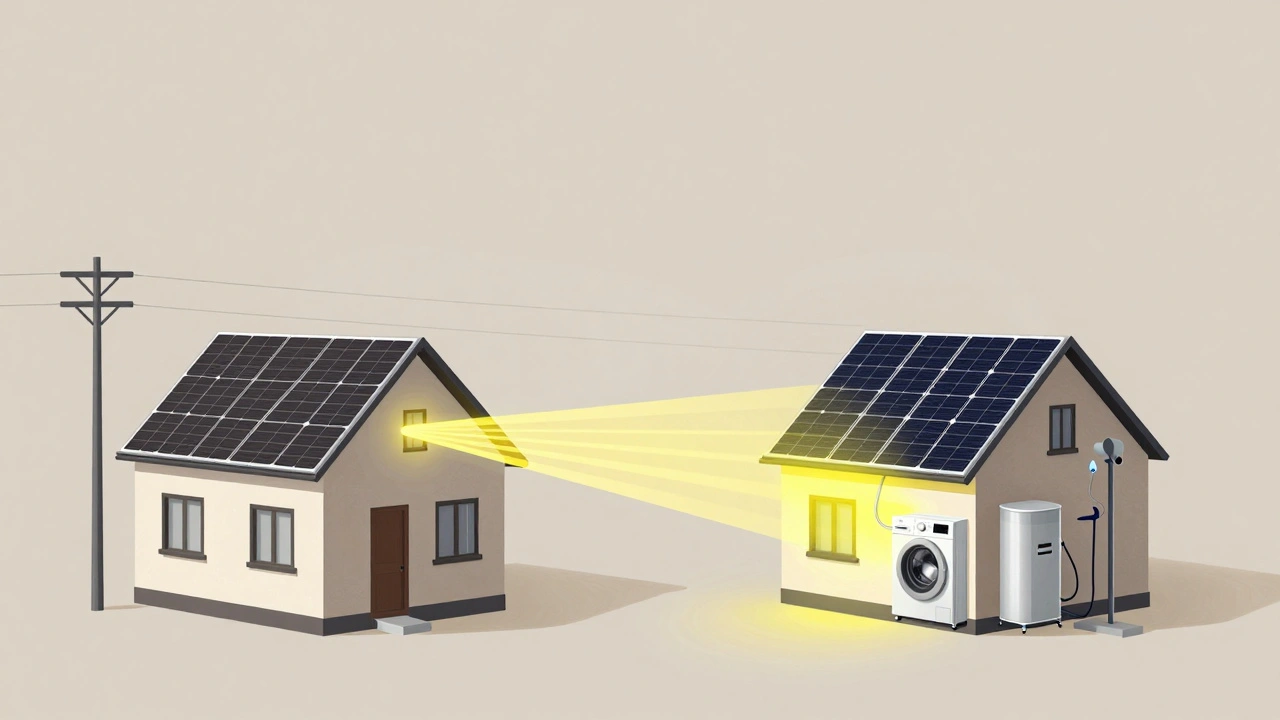 Vergleichsansicht: Ohne Speicher fließt Solarstrom ins Netz, mit Speicher wird er zu Hause genutzt.