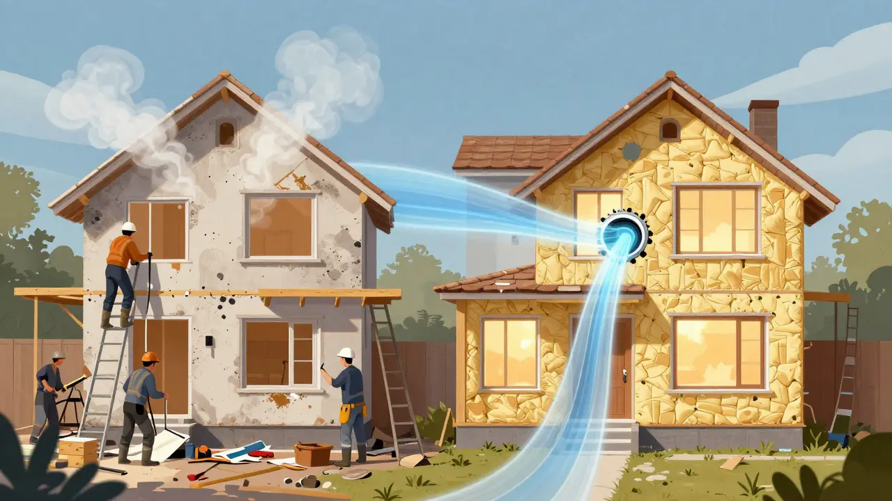 Vergleichsdarstellung einer falschen und einer richtigen Sanierungsreihenfolge an einem Haus mit sichtbaren Wärmeverlusten und Luftströmen.