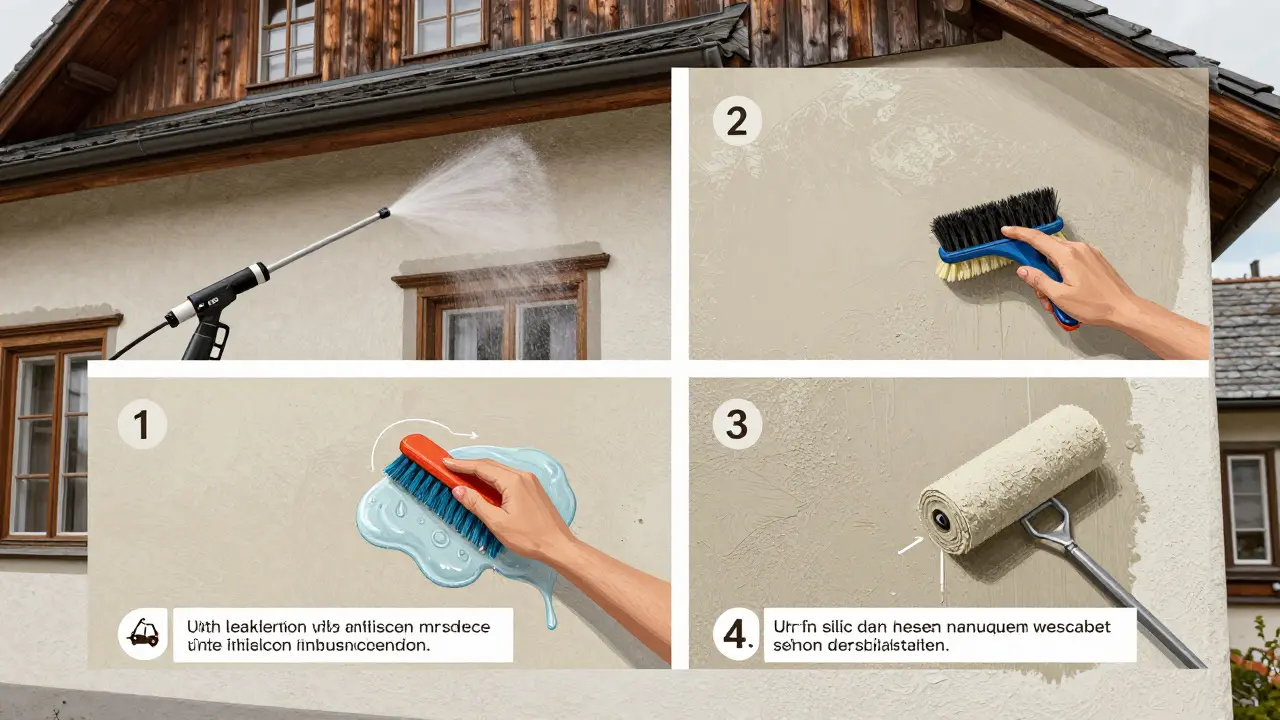 Vier-Schritte-Diagramm der Fassadenreinigung: chemische Behandlung, sanfte Bürste, Anstrich mit Spezialfarbe.