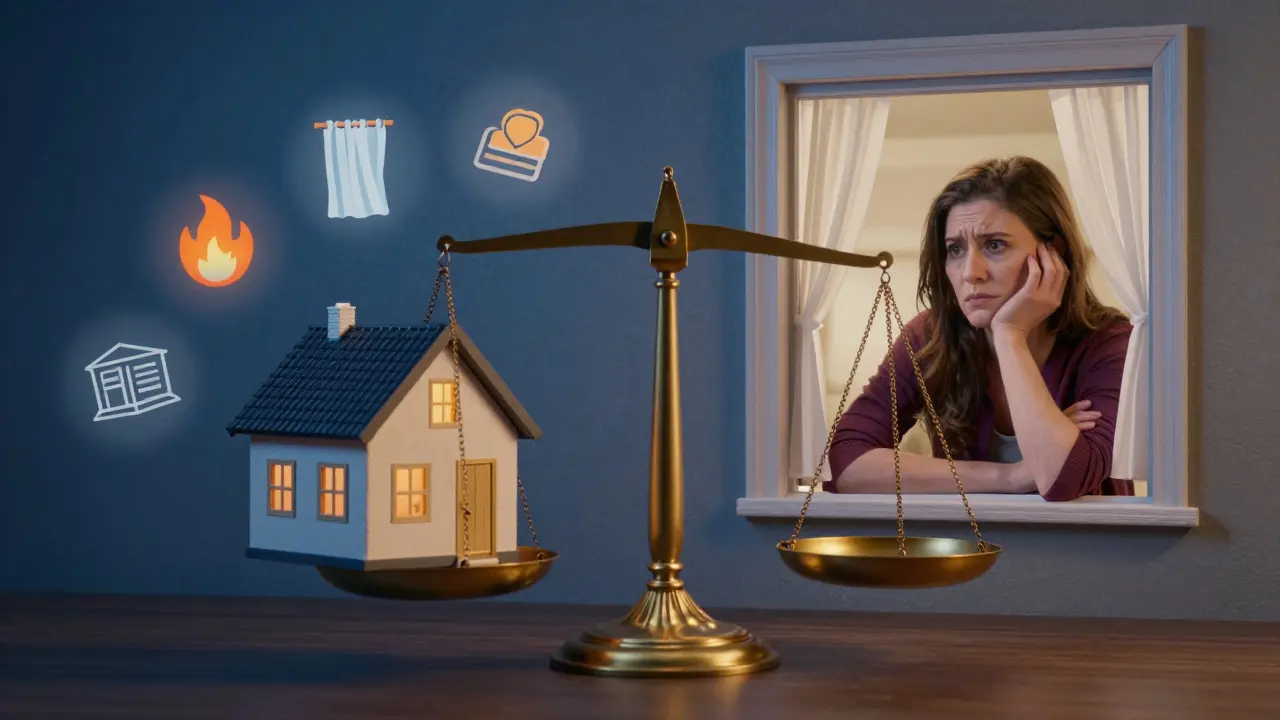 Waage mit Hausanbau und besorgtem Nachbarn, umgeben von Symbolen für Brandschutz und Privatsphäre.