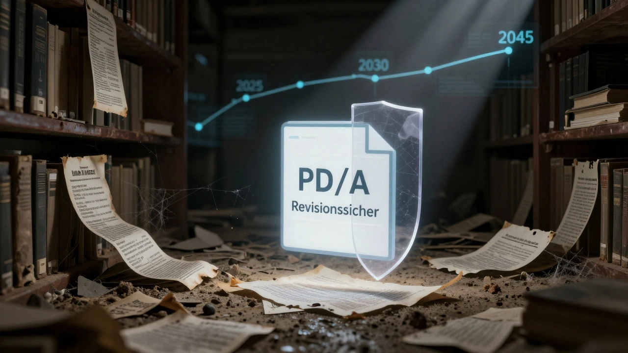 Zerfallendes Papierarchiv im Dunkeln vs. ein leuchtendes, geschütztes PDF/A-Dokument mit zukünftigem Zeitstrahl.