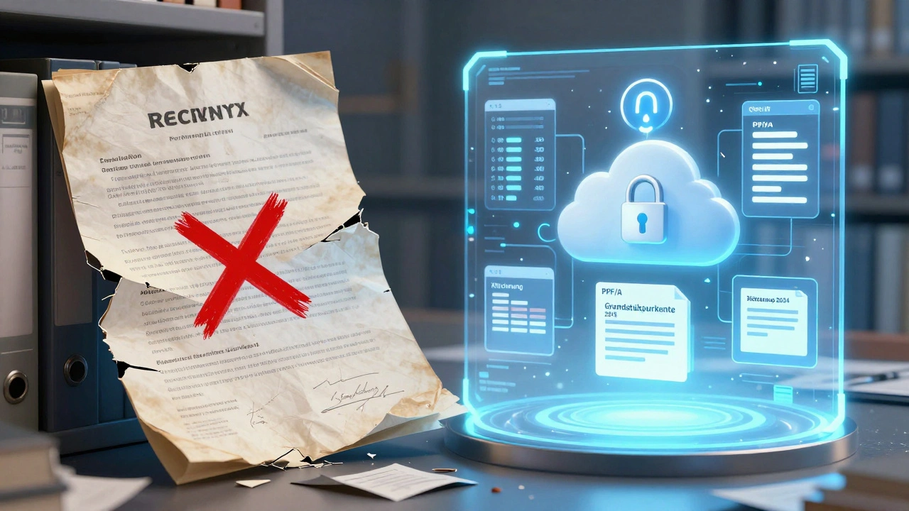 Zerfallendes Papierarchiv neben einer leuchtenden, sicheren digitalen Archivlösung mit Zugriffsprotokollen.