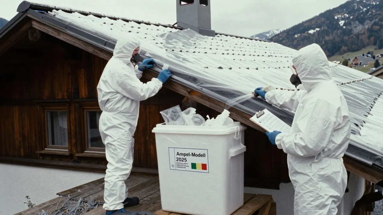 Zertifiziertes Sanierungsteam versiegelt ein Dach mit Asbestzementplatten mit Unterdruckanlage und Abfallbehältern.