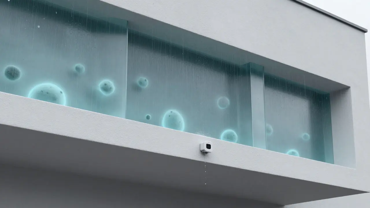 Zukünftige intelligente Fassade mit feuchteaktiver Beschichtung, die Regenwasser abperlen lässt.