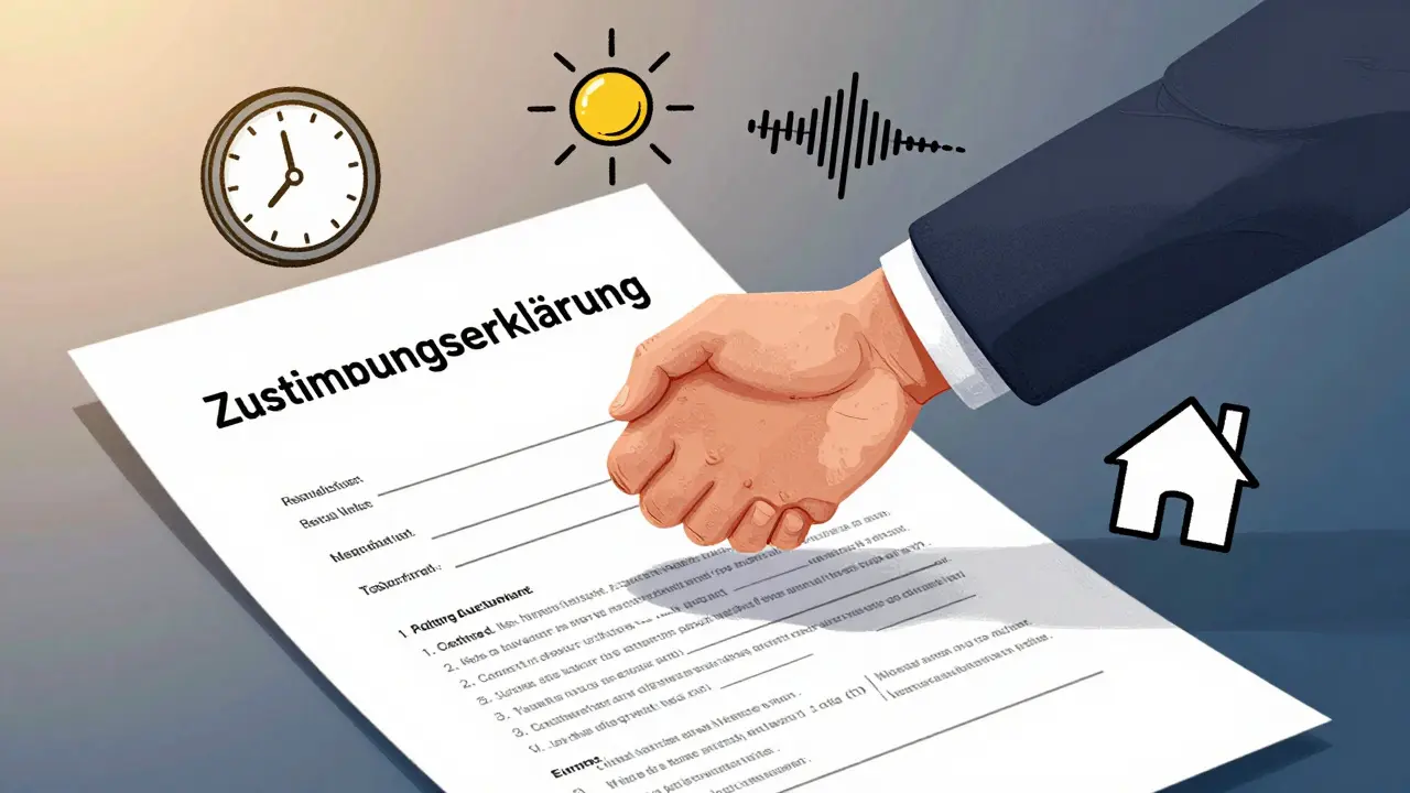 Zwei Hände unterschreiben ein Zustimmungsformular, umgeben von Symbolen für Licht, Lärm und Vertrauen.