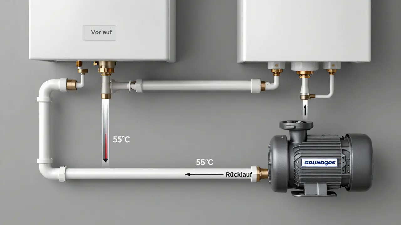 Cross-section of a warm water circulation system with supply and return lines, pump, and 55°C temperature markers.