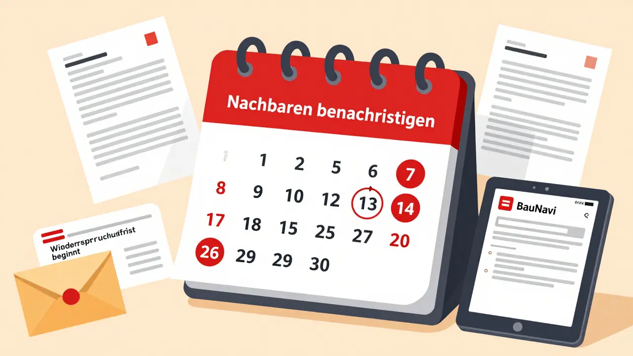 Digitaler Kalender mit wichtigen Fristen und rechtlichen Dokumenten im Bauverfahren.