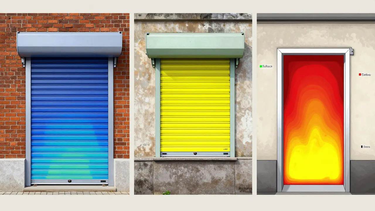 Drei Arten von Rollladenkästen im Vergleich: Einbau, Aufsatz und Aufbau – mit Wärmeverlust-Visualisierung.