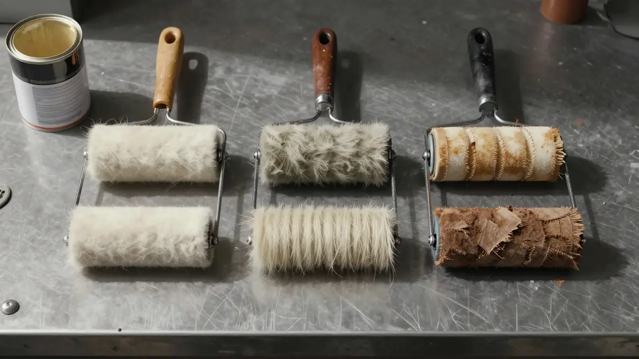 Drei verschiedene Farbrollen mit unterschiedlichem Verschleiß neben einer offenen Farbdose auf Werkbank.