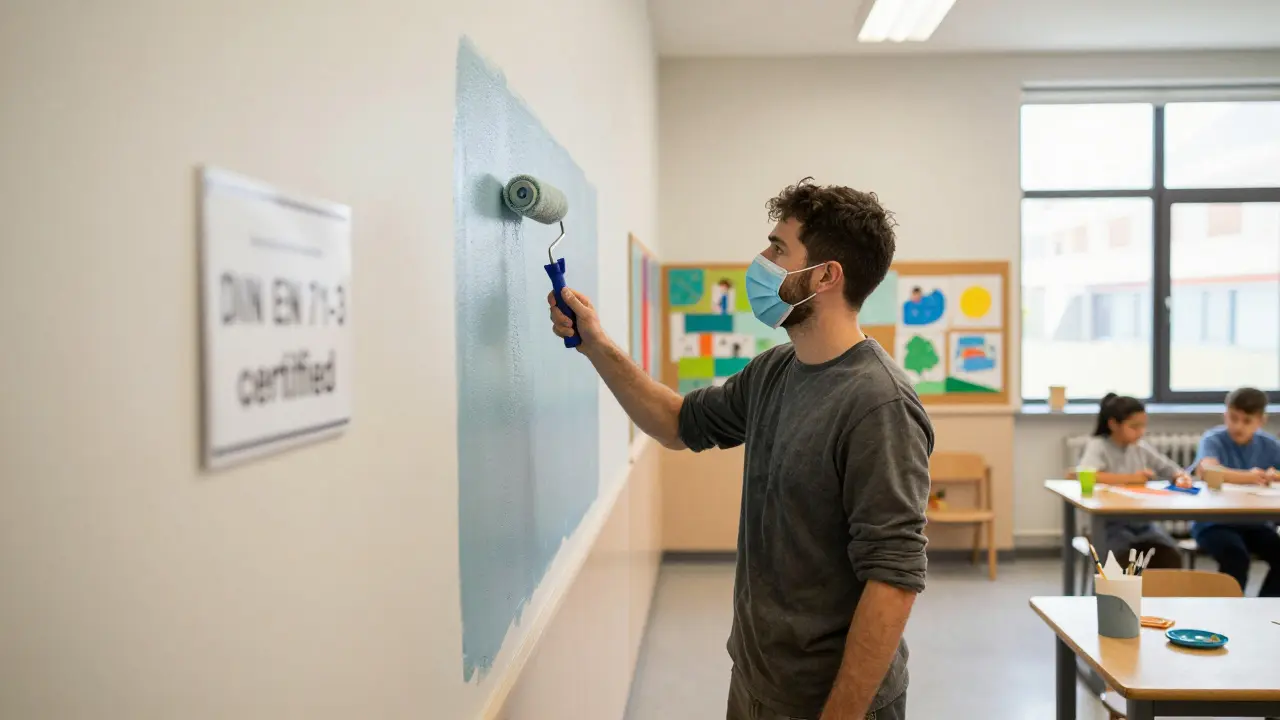 Ein Maler arbeitet in einer Schulklasse mit wasserbasiertem Lack, Kinderbilder an den Wänden.
