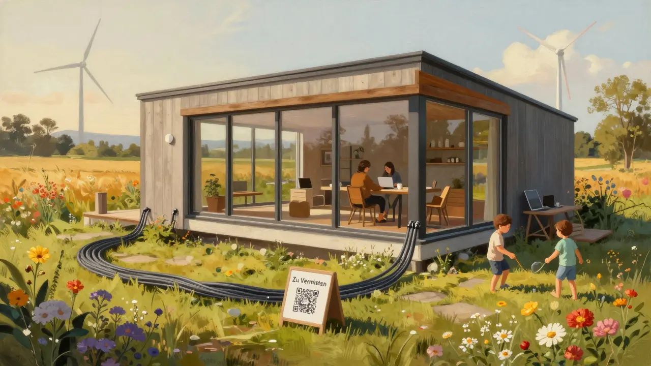 Ein modernes Ferien- und Homeoffice-Zuhause im ländlichen Gebiet mit schnellem Internet und Naturumgebung, Symbol für die Zukunft der ländlichen Immobilien.