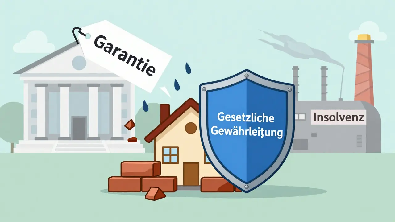 Ein Schild mit 'Gesetzliche Gewährleistung' schützt ein Haus, während eine fragile Garantie zerfällt.