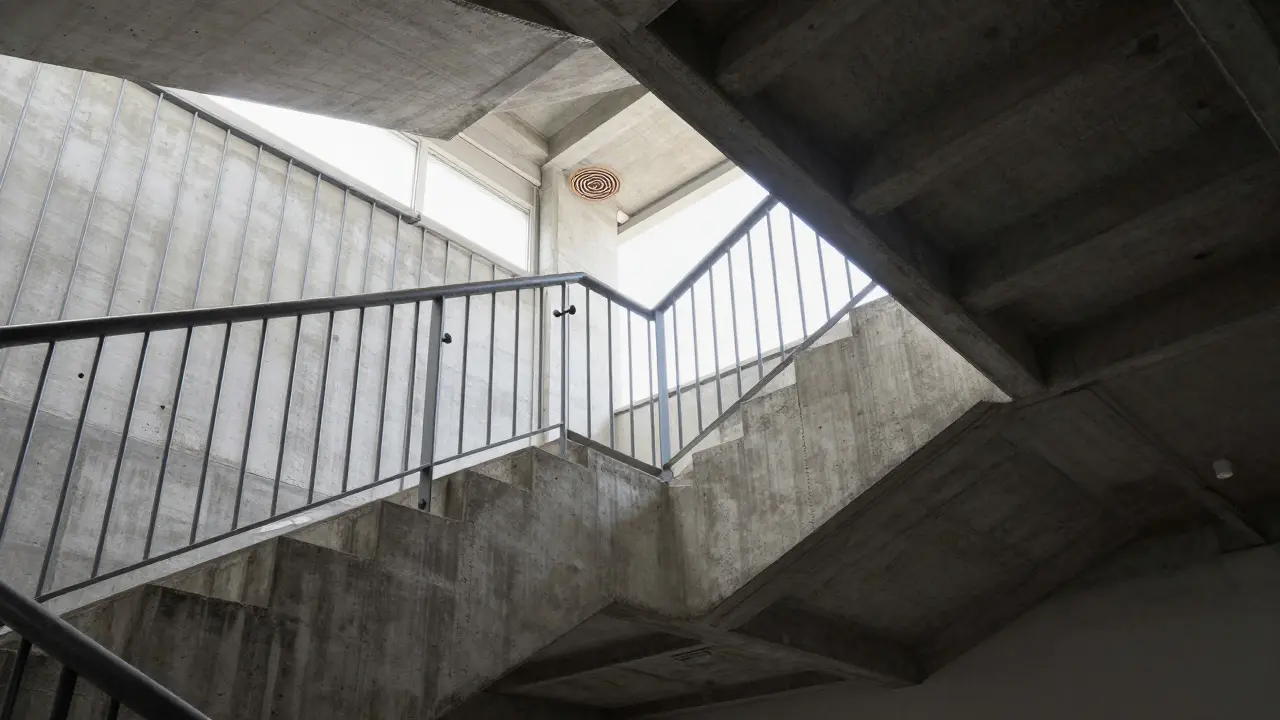 Feuerfeste Betontreppe mit schallisolierenden Elementen und kindersicherem Geländer.