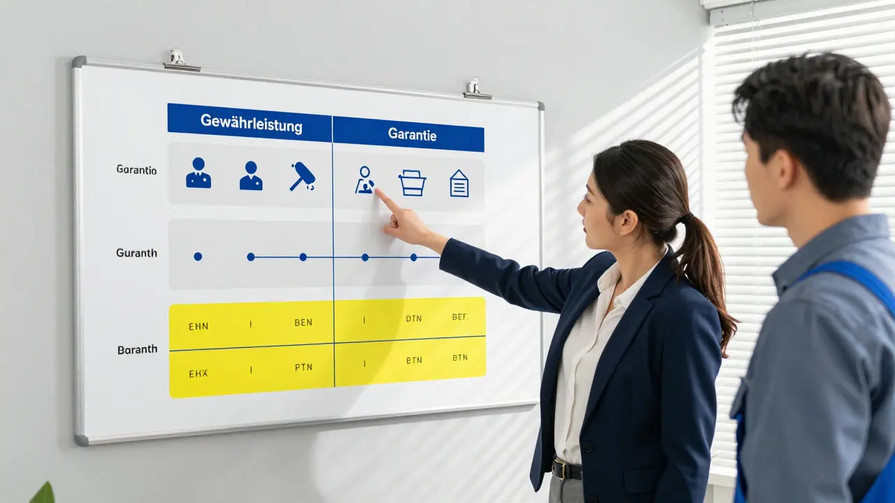 Frau erklärt an einer Tabelle den Unterschied zwischen Gewährleistung und Garantie für einen Handwerker.