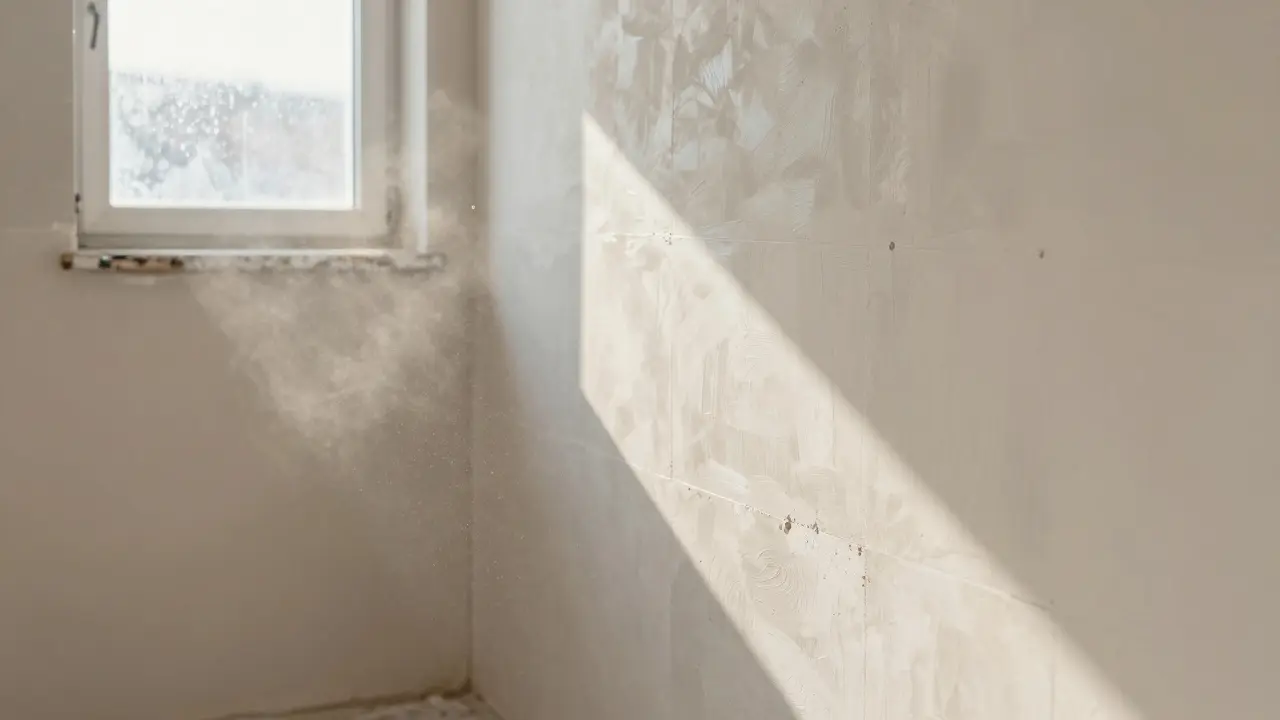 Frisch aufgetragener Sanierputz an einer trocknenden Mauer im Keller