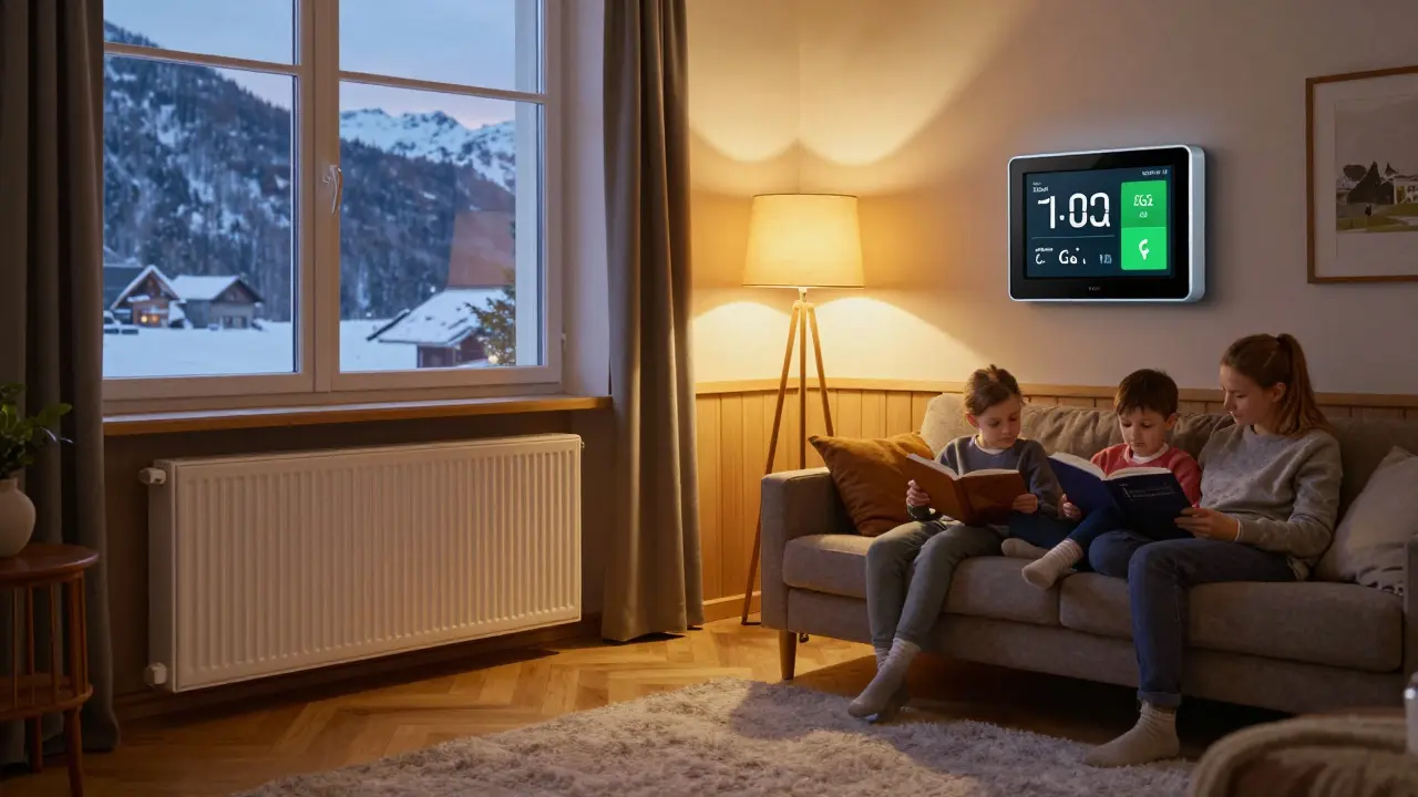 Gemütliches Wohnzimmer in einem alten österreichischen Haus mit sanft leuchtenden Heizkörpern und Energie-Monitor.