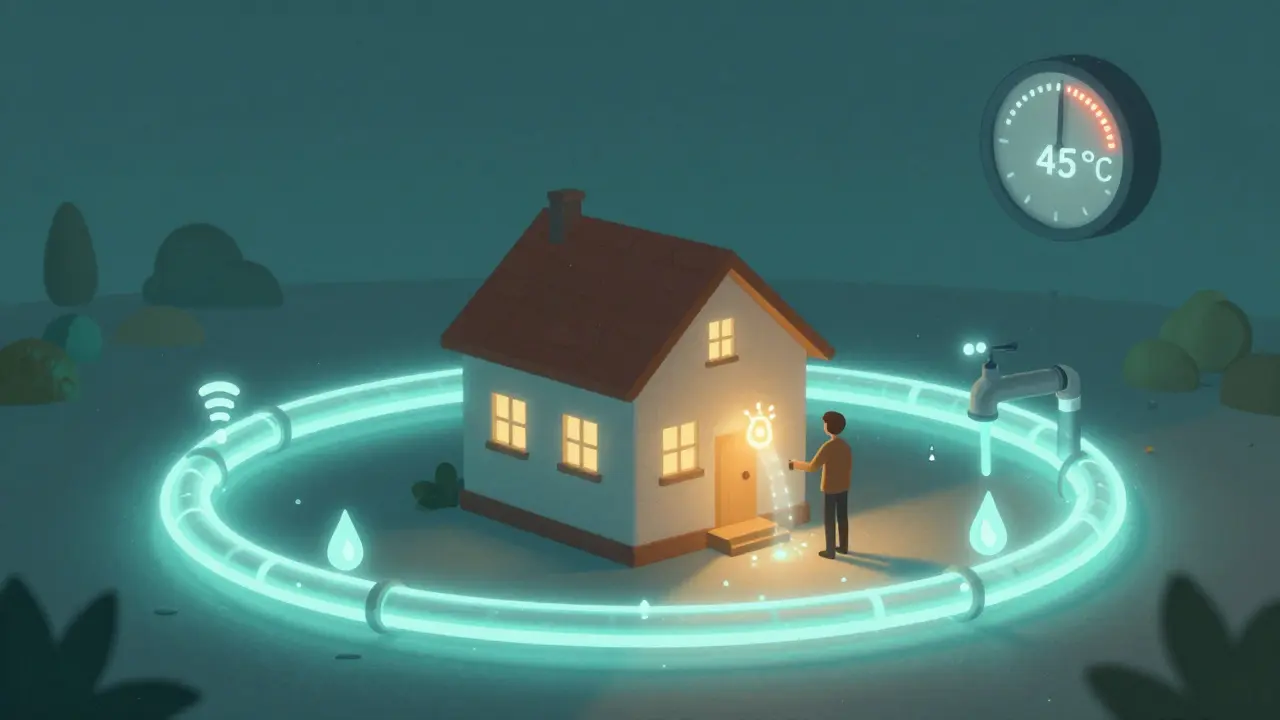 Glowing looped pipeline around a house with water droplets turning into energy icons, symbolizing smart energy savings.