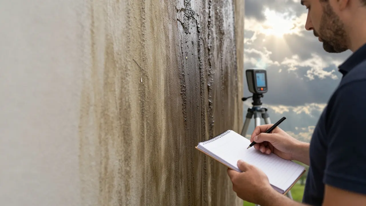 Hausbesitzer beobachtet über 14 Tage das Trocknen einer Wand – linke Seite heller (Algen), rechte Seite unverändert (Durchfeuchtung).