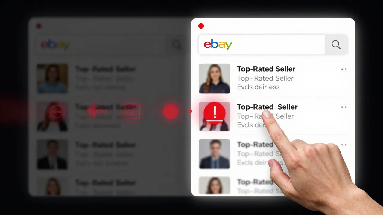 Kontrast zwischen schlechtem und optimiertem eBay-Listing in Suchergebnissen mit Badge für Top-Rated-Seller.