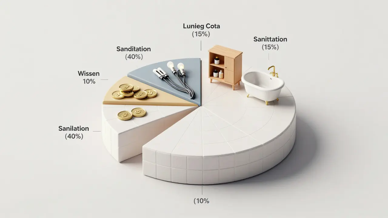 Kostenstruktur eines Badsanierungsprojekts als 3D-Pie-Chart aus realen Bad-Elementen wie Wanne, Fliesen und Leitungen.