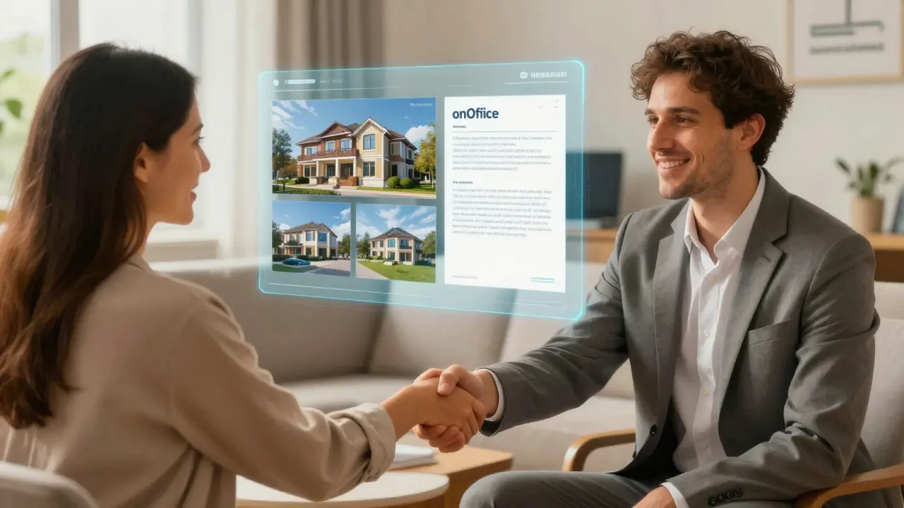 Makler schließt Vertrag mit Klienten, während KI-gestützte Immobilieninformationen als Hologramm sichtbar sind.