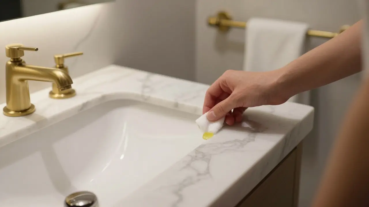 Marmor-Waschtisch mit Zitronentropfen, der eine Ätzstelle zu verursachen beginnt, zeigt Empfindlichkeit gegenüber Säuren.