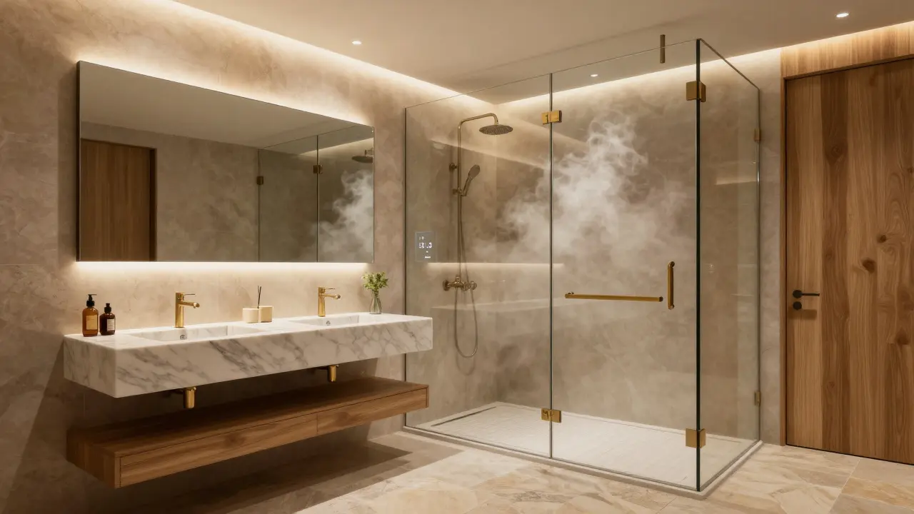 Modernes Premium-Bad mit Marmorwaschbecken, beheiztem Steinboden und Glasdusche mit integrierter LED-Beleuchtung.