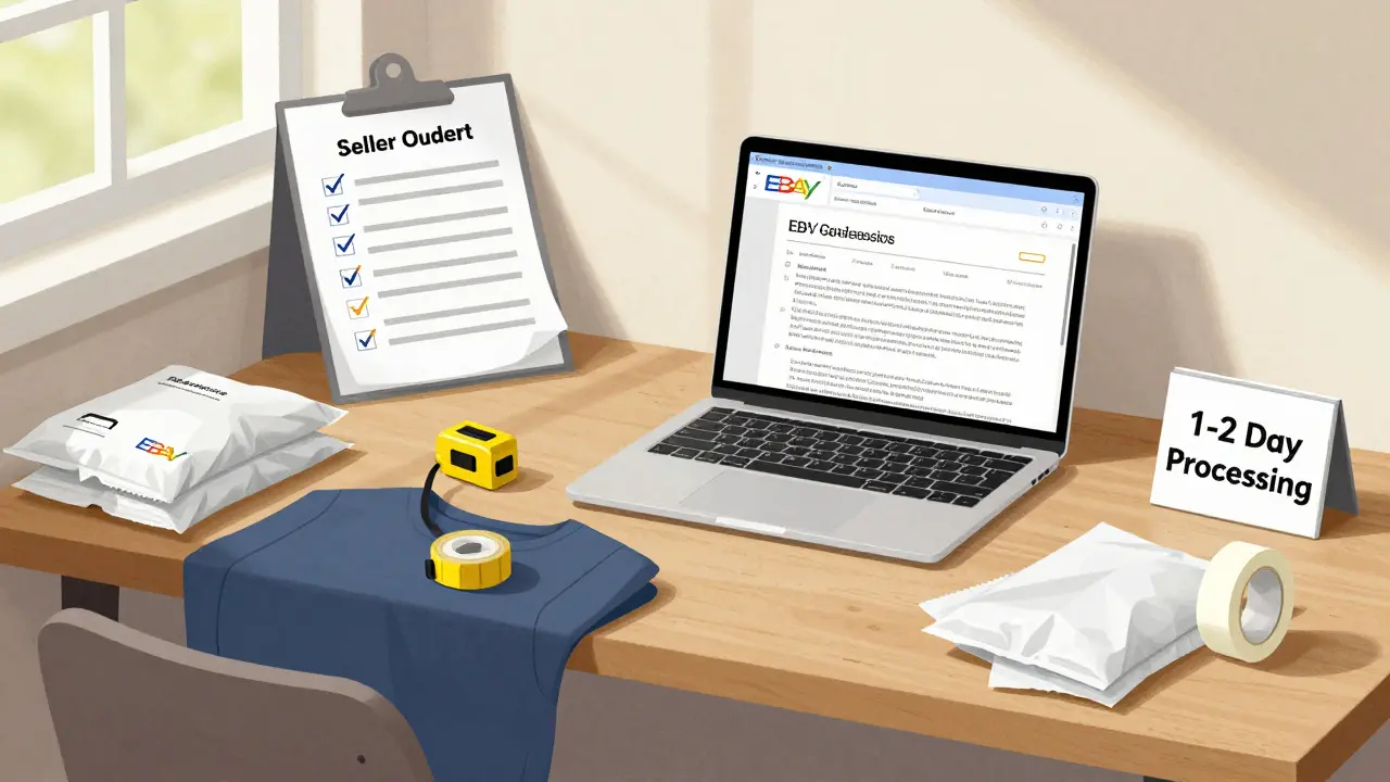 Organisierter Arbeitsplatz mit Checklist, Maßband und Verpackungsmaterialien für eBay-Verkäufer.