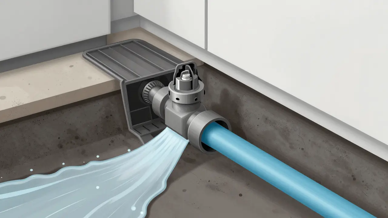 Querschnitt einer Rückstauklappe in der Bodenplatte, die Wasser aus der Kanalisation abhält.