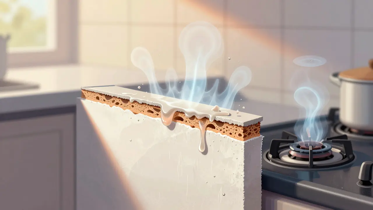 Querschnitt einer Wand mit Wasserdampf, der durch feuchtigkeitsbeständige Farbe entweicht, während Fetttröpfchen abperlen.