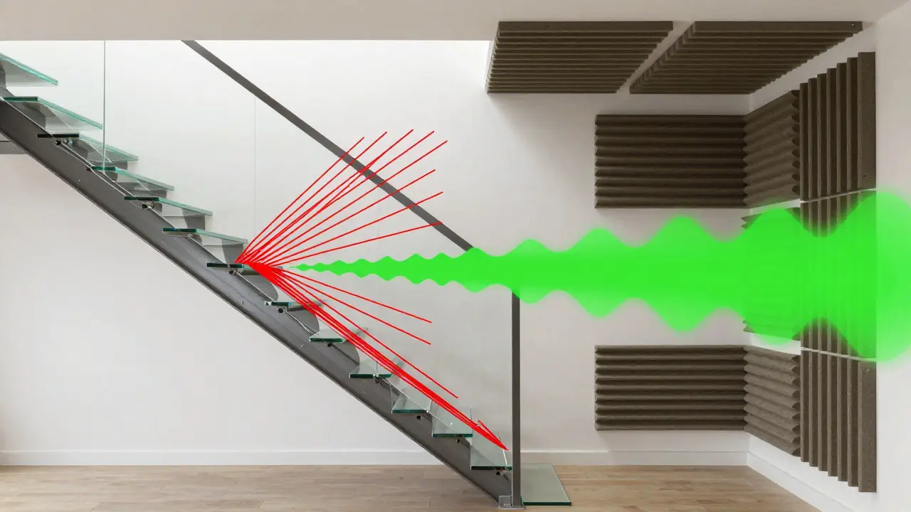 Schallwellen breiten sich unkontrolliert von einer Treppe aus, verglichen mit gedämpften Wellen durch Isolierung.