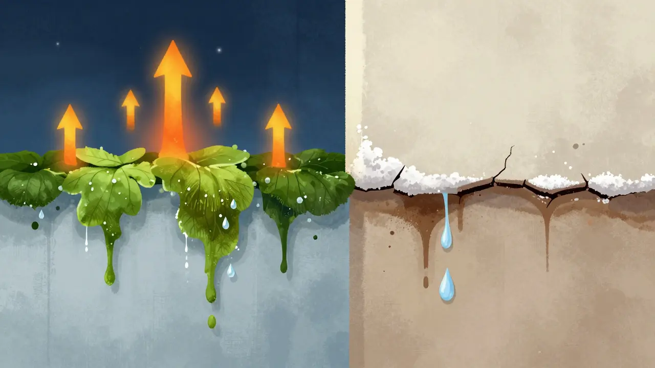 Schematische Wandquerschnitt-Darstellung: Algen auf kühler Außenfläche vs. Feuchtigkeit, die aus dem Mauerwerk dringt.