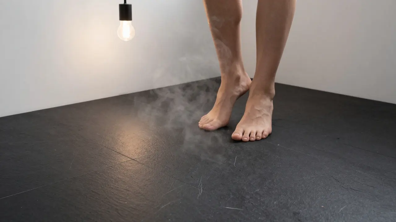 Schieferboden im Badezimmer mit barfuß gehenden Füßen, betont Wärme und Rutschfestigkeit.