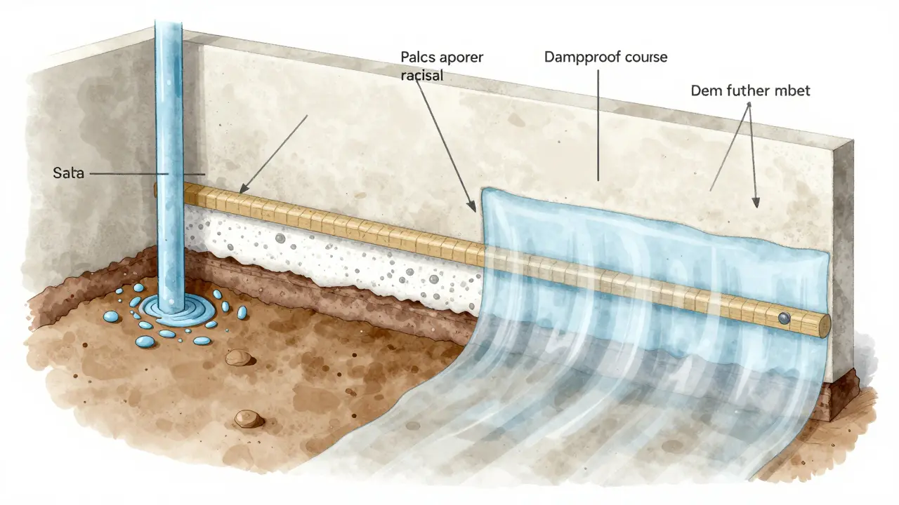 Schnitt durch Kellerwand mit aufsteigender Feuchtigkeit und Sanierputz-Schicht