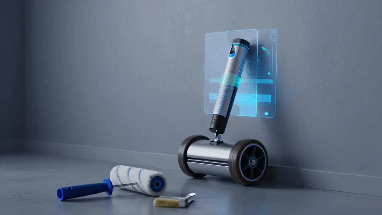 Smart-Rolle mit Sensortechnik beim Streichen, traditionelle Werkzeuge im Hintergrund verlassen.