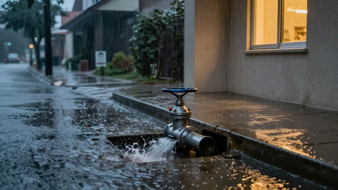 Starkregen auf der Straße, während eine Rückstauklappe den Keller vor Überschwemmung schützt.
