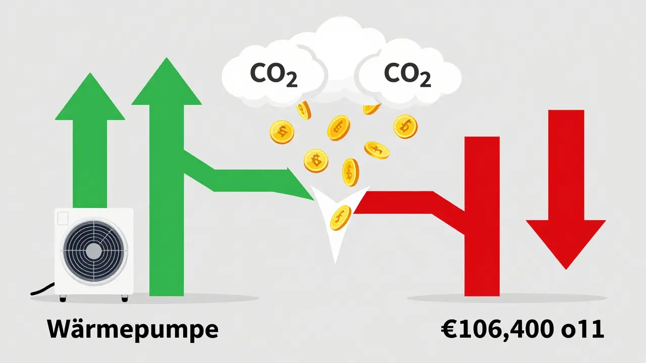 Vergleich der Gesamtkosten über 20 Jahre: Wärmepumpe (grün) vs. Gasheizung (rot) mit CO2-Wolken und fallenden Euros.