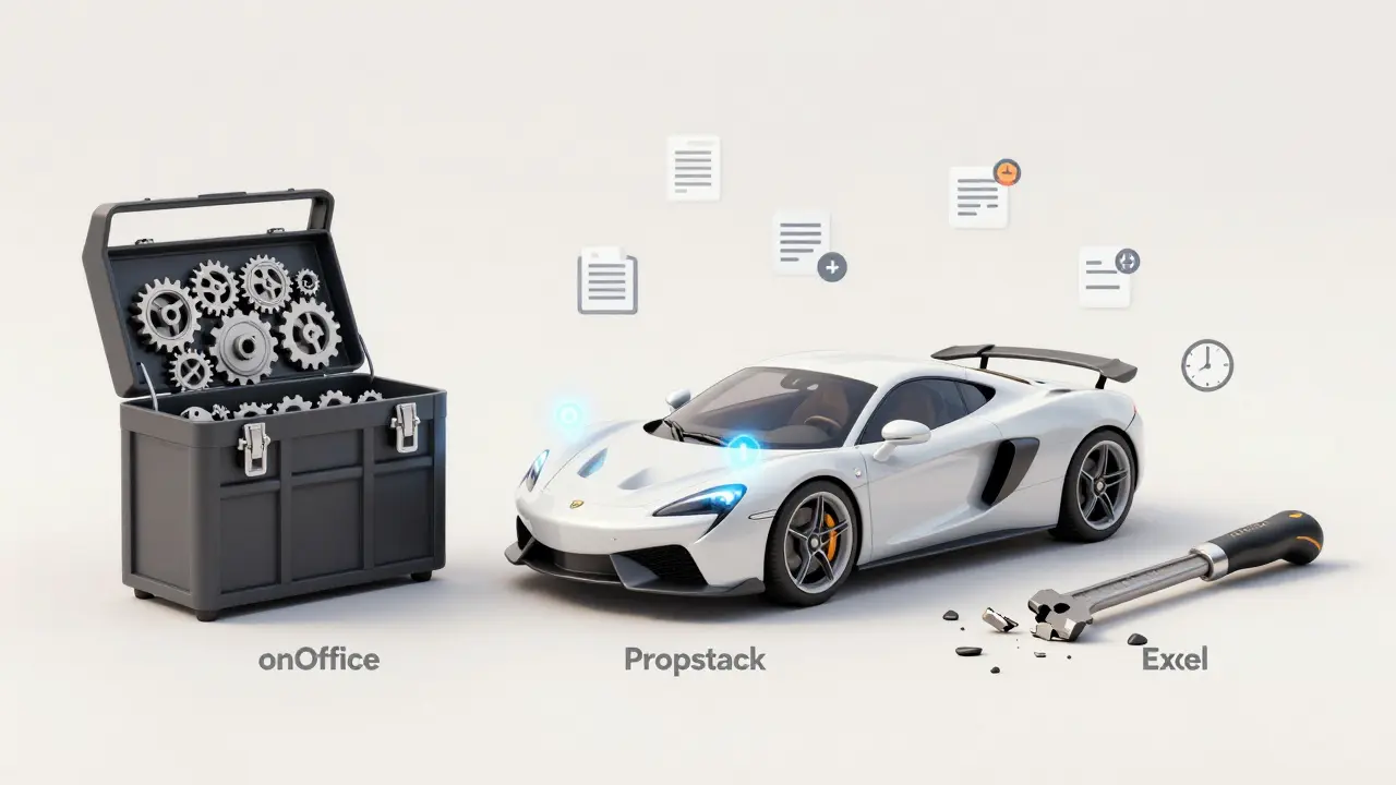 Vergleich dreier CRM-Systeme als symbolische Objekte: komplexes Werkzeug, schnelles Auto und kaputtes Werkzeug.